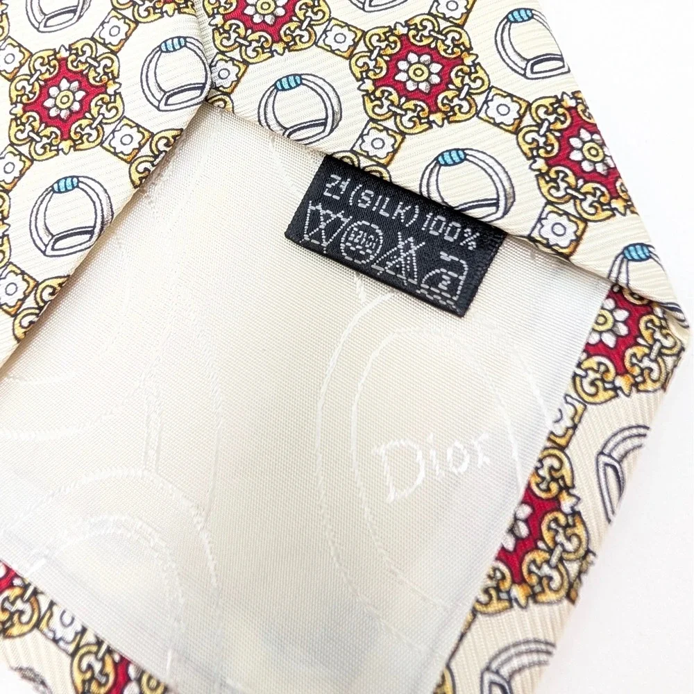 Christian‎ Dior Monsieur Silk Tie Cream Burgundy Gold Medallion Stirrup Pattern